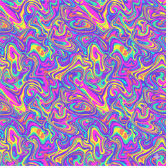 Seamless psychedelic swirl pattern with vibrant multicolored abstract shapes in pink, yellow, blue, and green, ideal for textile prints, retro backgrounds, and energetic design projects.