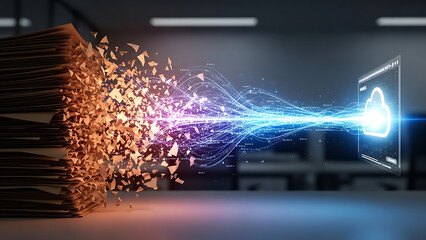 Document digitalization concept transforming physical paper into digital data stream flowing into cloud storage interface on screen in modern office environment