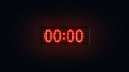 Red digital LED clock showing '00:00' on dark background, symbolizing new start, zero hour, or deadline.