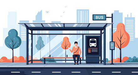 Man sitting alone on a bench at a modern glass bus stop in the city, waiting for public transportation with a skyline view.