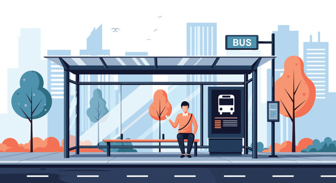 Man sitting alone on a bench at a modern glass bus stop in the city, waiting for public transportation with a skyline view.