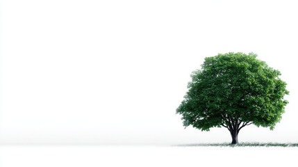 Obraz premium Green tree with lush leaves stands alone on white background, symbolizing nature, growth, and tranquility in minimalist setting
