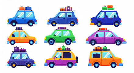 Naklejka premium A collection of colorful cartoon automobiles featuring various roof racks loaded with luggage prepared for exciting road trips and travel adventures across many destinations