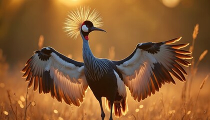 Obraz premium African crowned crane is standing. It is spreading its wings in grassland. Elegant exotic bird displays plumage. Crane performs courtship ritual dance at sunset. Wild bird is looking around in nature.