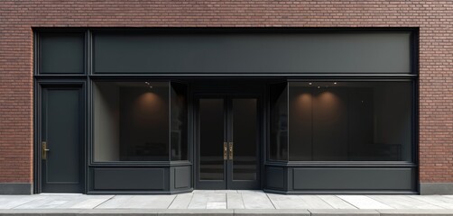 Illustration presents a modern storefront exterior. Building facade combines black painted design with brick. This image suits branding design or architectural projects needs.