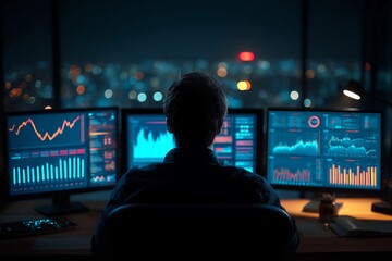 Person sitting at desk using multiple screens for data analysis at night view of city lights