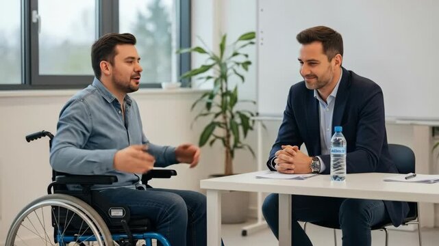 caucasian businessman interviewing disabled man in wheelchair at office desk. recruitment meeting and equal opportunity employment concept. hr consultation, business management.