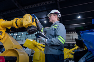 Engineer standing by robotic arm and operating machine in industry factory, technician worker check for repair maintenance electronic operation.