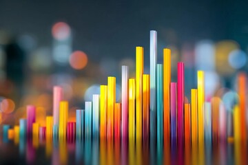 Obraz premium Colorful display of vertical bars creating a data visualization in a city setting at night