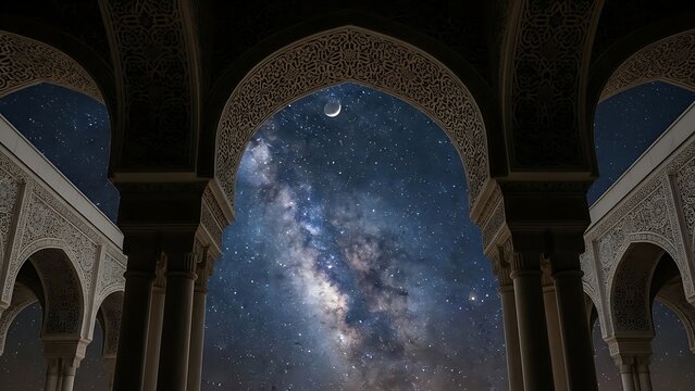 Ornate Islamic Archway Framing Starry Milky Way and Crescent Moon at Night