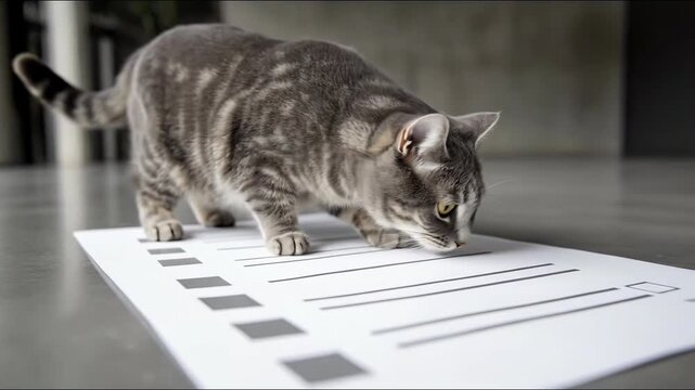Cat walking on a piece of paper with a curious expression as if leading an onboarding guide in a light room. Curious Cat Leading a Document Walkthrough &ndash; Animated Video Version