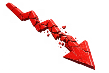Broken red arrow shattering downwards, symbolizing economic crash, financial crisis, recession, or stock market decline