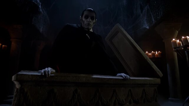 Mysterious vampire awakening in ancient tomb with eerie candlelight and fog