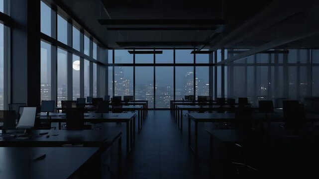 Empty Modern Office at Night, Cinematic