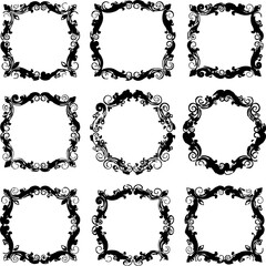 Set of 9 ornate decorative vector frames with floral and vine motifs in square and circular styles, ideal for vintage design, scrapbooking, invitations, and ornamental illustration projects.