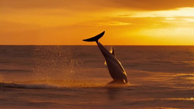 Graceful dolphin leaping at sunset over ocean waves in golden light