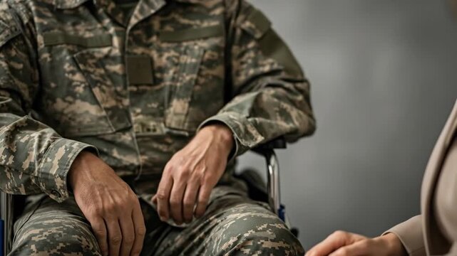 disabled military veteran in wheelchair shaking hands with woman. soldier in camouflage uniform and psychotherapist or employer. rehabilitation, social support concept. employment, business meeting.