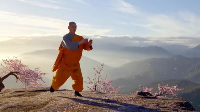 Majestic sunrise tai chi practice on mountain peak with blossoming trees