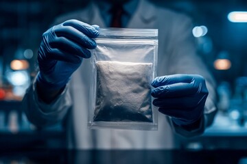 Scientist holds a sealed package in a laboratory during an experiment at night