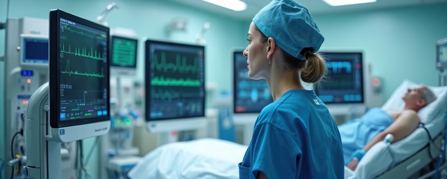 Woman in medical uniform looks at monitors in ICU. Patient lies in bed under observation. Hospital ward with modern equipment, health care tech in intensive therapy unit. Clinic service.