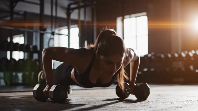 athletic caucasian woman performing dumbbell push ups in gym with sunlight. strong female bodybuilder training muscles. sport, fitness workout and healthy lifestyle. 