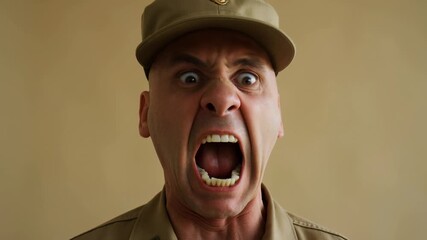 Intense military drill: commanding officer yelling orders in uniform