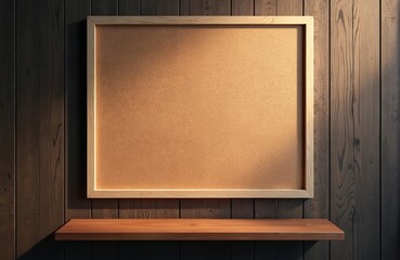 Cork board with wooden frame hangs on wooden wall. Shelf under. Concept of home office or art studio. Empty board space for notes or display. Rustic style decor.
