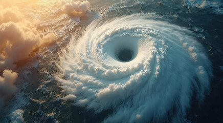 Top aerial view cyclone. Swirling storm clouds form vortex. Graphic design hurricane. Natural disaster rages above blue sea water surface. Dangerous weather concept visualization of catastrophe.