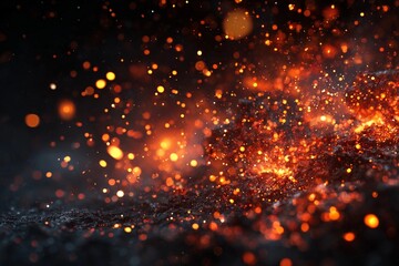 Bright sparks and glowing embers spread across a dark surface at night during a volcanic eruption event