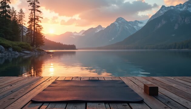 Tranquil scene lake at sunrise. Wooden platform with yoga mat and block overlooks still water. Calm scenery with mountains reflects sunset. Concept for meditation or mindfulness practice.