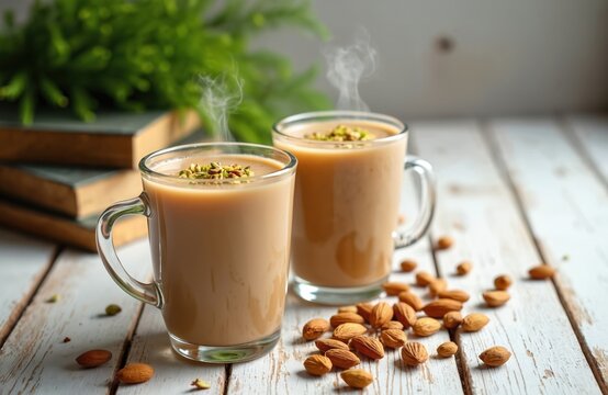 Two cups masala chai tea or Badam Pista tea with steam rising. Almonds decorate table surface. Herbal hot spiced drink for breakfast. Traditional Indian beverage for health.