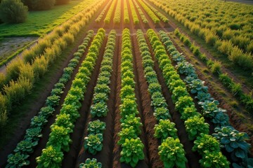 Drone shot of a lush organic farm with neat crop rows, compost piles, and renewable energy infrastructure.