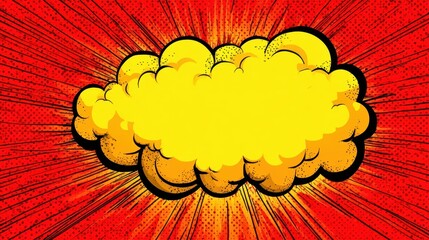 Bright yellow comic book speech bubble against a red background with explosive effects, ideal for captions and designs