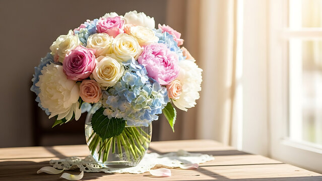 A beautiful bouquet of flowers in a glass vase on a wooden table - Powered by Adobe