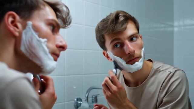 Young man shaving in bathroom mirror: morning routine and grooming closeup