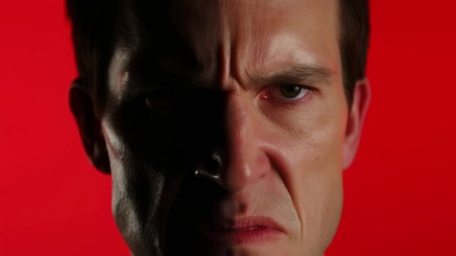 Intense expressions: man's changing emotions on bold red background