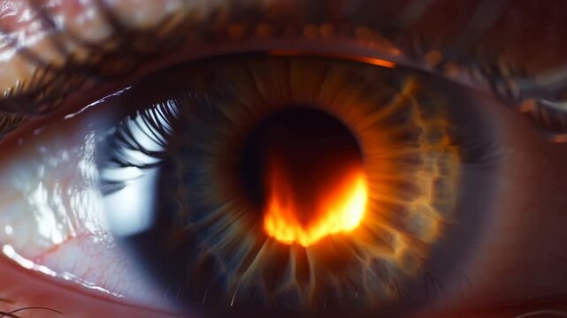Dramatic eye transformation with fiery pattern in human iris closeup