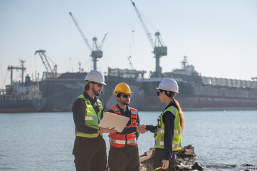 Professional engineering working at shipyard, Professional logistics monitoring cargo operations at industrial shipyard.