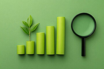 Growth of charts and a plant on a green background showing progress and analysis in business