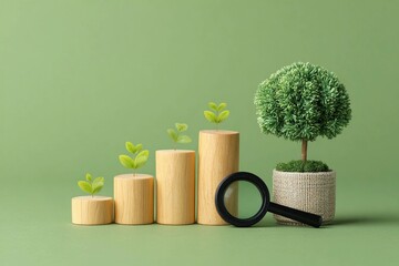Growth trend of plants displayed on wooden blocks with a magnifying glass on a green background