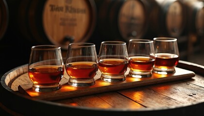 Whiskey tasting glasses with various amber hues arranged on wood barrel. Drinks samples showcase the rich tones. Alcohol beverage exploration is shown in the image.
