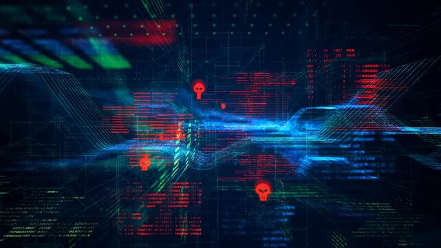 Digital data flow with red location mark in virtual matrix world