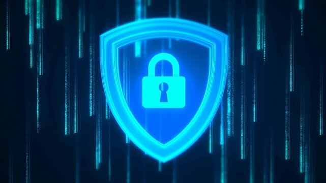 Glowing digital locks descend in futuristic cyber security animation sequence