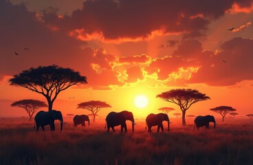 Fototapeta premium Artwork portrays elephants in savanna during sunset. Silhouettes of animals, trees on African landscape. Warm orange sky illuminates wildlife. Majestic scene with grass, wild nature. Painting draws