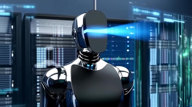 Futuristic robot scanning data in hightech server room with digital interfaces