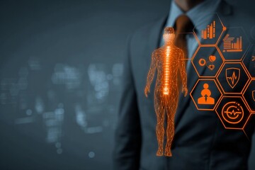 Medical data visualization shows human anatomy and health statistics in background with a person in suit