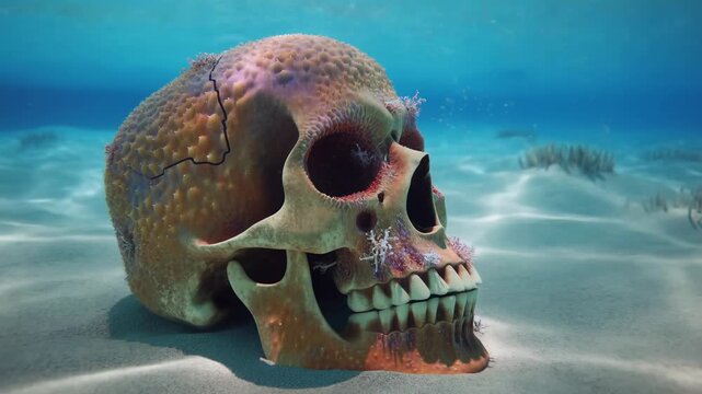 Underwater exploration: glowing skull resting on ocean floor reflects mysterious deepsea adventure