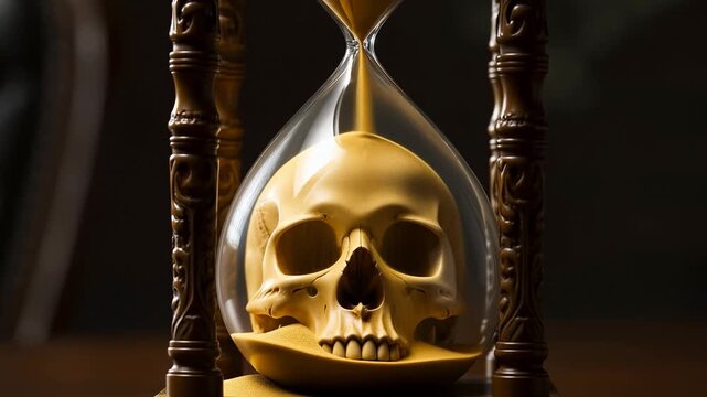 Time passage and mortality concept with skull and hourglass animation