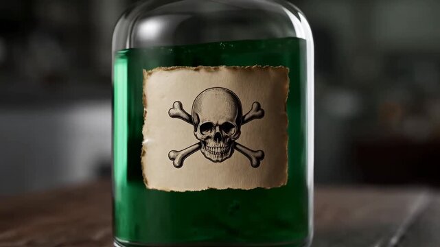 Skulllabeled poison bottle eyecatching sequence on wooden table