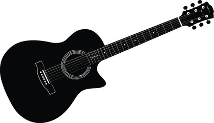 Obraz premium Black silhouette of an acoustic guitar with six strings on a white background music instrument